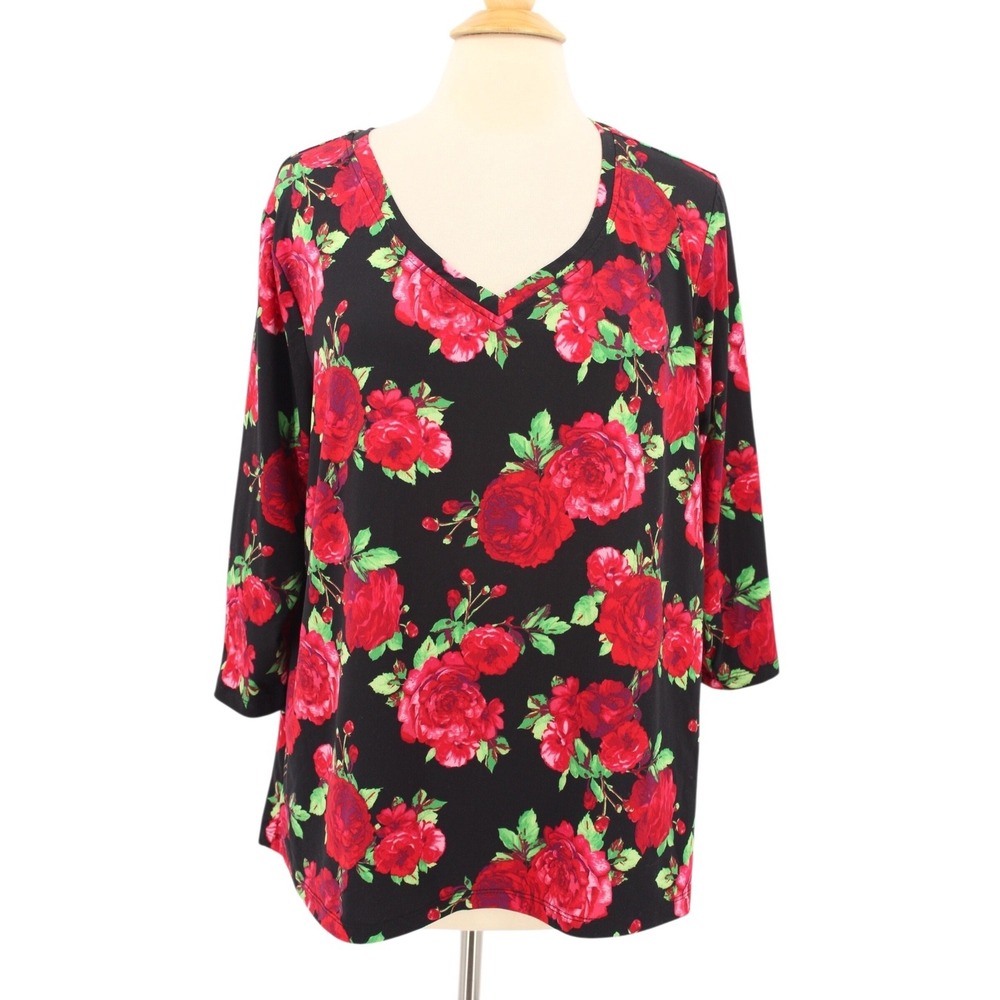 The Pioneer Woman Top Womens XL V Neck 3/4‎ Sleeve Floral Stretch Cottagecore